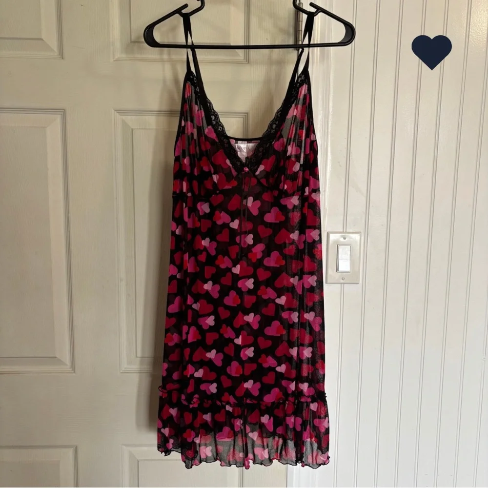 Cacique Lane Bryant Size 18/20 Mesh Heart Print Chemise Slip Lace neglige Y2k